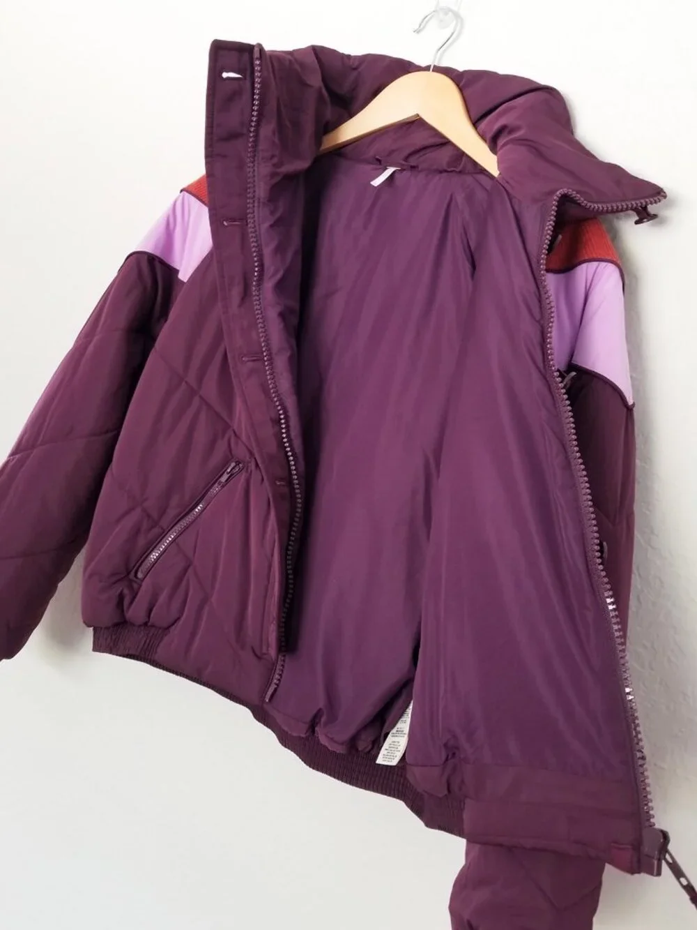 NEW Free People Heidi Ski Puffer Jacket XS in Wine Purple Retro Colorblock $128